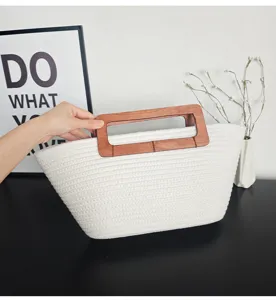 Weisse Baumwollseil geflochtene Tote Bag mit Holzgriff, grosse Kapazitaet Retro Handtasche.