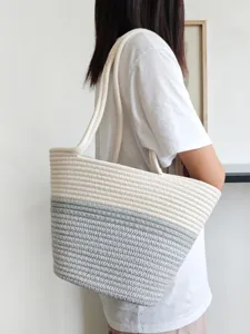 Retro Baumwollseil Gewebte Schultertasche Kontrastfarbe Große Kapazität Tote Bag Damen Casual Urlaub Strand Handtasche