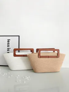 Handgefertigte Tragetasche aus Baumwollseil mit Holzgriff Große Kapazität Retro Bohemian Stroh Stil Handtasche Für Damen Reisen Strand Casual Schultertasche
