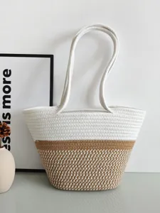 Retro Baumwollseil gewebte Umhaengetasche farbblock grosse Tote Bag Strandtasche Haupt