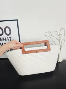 Weisse Baumwollseil geflochtene Tasche mit Holzgriff Damen Freizeit Sommer Strand Handtasche