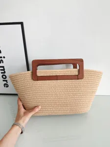 Gewebte Stroh-Tragetasche mit Holzgriff, lässige Strandtasche und vintage Sommerhandtasche.
