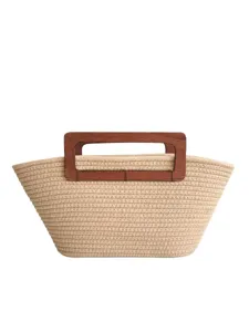 Beige gewebte Seil-Tasche mit Holzgriffen, stilvolle Freizeittasche für den Alltag und Reisen.