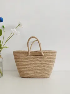Bolso de Mano de Hilo de Algodón Tejido para Niñas Niños Estilo Pastoral Bolso de Paja Hecho a Mano Cesta de Regalo Casual Caqui