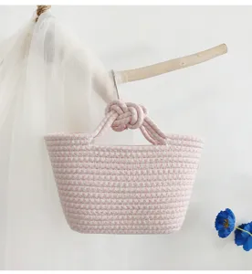 Rosa weiße gewebte Seil Mini Handtasche süße Damen Kinder Freizeit Tasche Detailansicht.