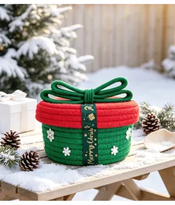 Nahaufnahme des Weihnachts-Baumwollseil-Aufbewahrungskorbs mit Deckel und Schleife.