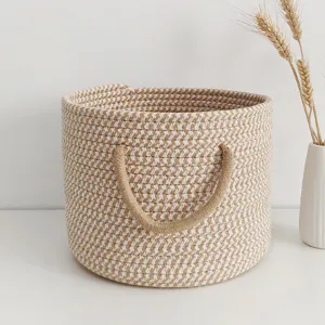 Round Cotton Rope Storage Basket With Dual Handles Woven Minimalist Organizer For Snacks Toys Sundries Home Desktop Decor