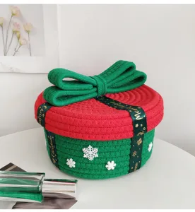 Weihnachten Baumwollseil Aufbewahrung Korb Detail, rot gruener Geschenkkorb mit Deckel Deko.