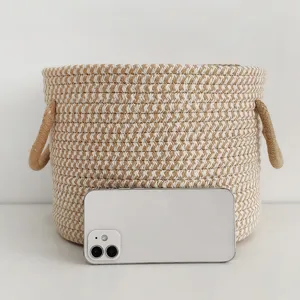 Woven cotton rope storage basket with handles round organizer for home sundries toys snacks