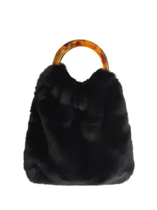Elegante schwarze Kunstfell Handtasche mit Schildpatt Griff, luxuriöse Winter Damentasche.