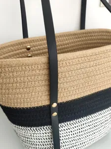 Herbst Winter farbblock gewebte baumwollseil tasche mit PU riemen für damen alltag pendeln tasche