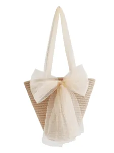 Geflochtene Strohtasche mit großer Tüllschleife, elegante Schultertasche, großes Volumen.