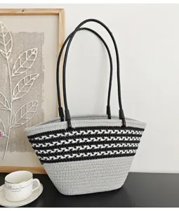 Französische Luxus Baumwollseil geflochtene Tasche schicke gestreifte Schultertasche Strand Tasche
