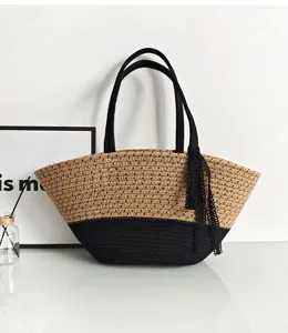 Vintage zweifarbige gewebte Tasche mit schwarzen Henkeln, große lässige Strandhandtasche.