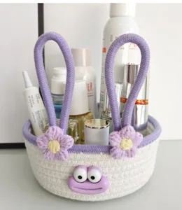 Cute cotton rope woven storage basket, desktop cosmetic organizer with handle and cute face.