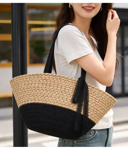 Baumwollseil gewebte Tasche Vintage große Kapazität Urlaub Schulter Strandtasche chic