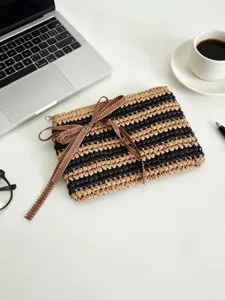 Vintage Gestreift Stroh Clutch Tasche Damen Gewebt Papier Handtasche Schleife Reißverschluss Handy Pouch Kleine Geldbörse Reise