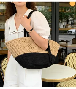 Geflochtene Baumwollseil Tragetasche Damen, große Retro Strandtasche Schultertasche für Alltag.