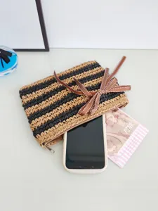 Retro Stroh gewebte Clutch Tasche mit Schleife schwarz gestreifte Bast Reißverschluss Tasche.