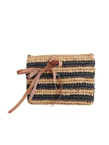 Retro gestreifte Bast-Clutch, handgeflochtene Strohtasche mit brauner Schleife für Damen