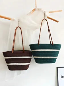 Große Kapazität Gewebte Baumwollseil Tragetasche Für Frauen Waldstil Gestreifte Umhängetasche Mode Pendler Achselhöhle Tasche Mami Handtasche