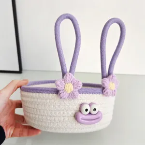Cute cotton rope storage basket with cartoon face and handles for desktop sundries and toys