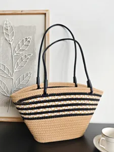 Schicke gewebte Stroh-Shopper Tasche gestreifte Strandtasche fuer Damen Mode Alltag