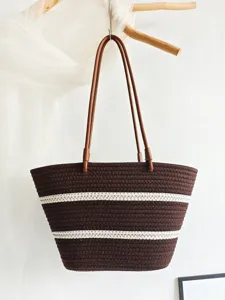 Grosse Kapazitaet Baumwollseil gewebte Tote Tasche, braun weisse Streifen Schultertasche