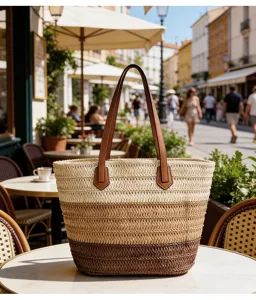 Detail des sommerlichen Stroh-Tote-Bag mit Farbverlauf, Strandstil und braunen Griffen.