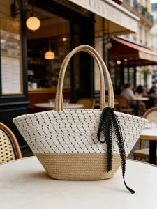 Retro Baumwollseil geflochtene Tasche, große Kapazität lässige Strand Umhängetasche mit Schleife.