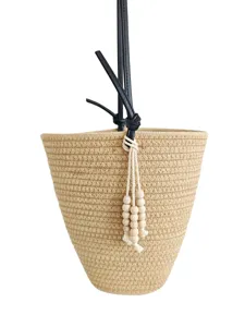 Gewebte Stroh Eimer Tasche Ledergriff Holzperlen Quasten Strand Sommer Schulter Handtasche