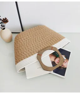 Bolso tote tejido de cuerda de algodon con asa de madera, gran capacidad bolso de playa de vacaciones.