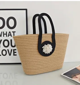 Perlen Farbblock Stroh geflochtene Tasche, große Kapazität modische lässige Strand Handtasche.