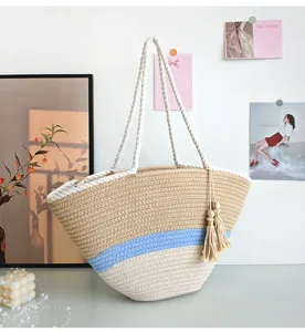 Sommer neue kontrastfarbene große geflochtene Strandtasche, lässige Urlaub Umhängetasche.