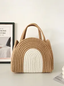 Lässige Polyester Baumwolle Seil Gewebte Handtasche Regenbogen Farbblock Korb Tasche Kleine Aufbewahrungstasche Für Frauen Strand