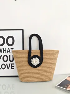 Damen Baumwollseil Gewebte Handtasche Perlen Künstliche Perle Tragetasche Große Kapazität Kontrastfarbe Strandurlaub Handtasche
