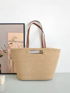 Women Large Capacity Cotton Rope Woven Tote Bag With Brown Leather Straps And Rivets Urban Simple Vacation Beach Shoulder Bag