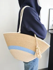 Sommer Große Kapazität Kontrastfarbe Baumwolle Gewebt Tote-Tasche Damen Meer Urlaub Strandtasche Mori Stil Schultertasche Quaste