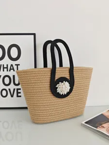 Geflochtene Strohtasche mit Perlen, stylische Baumwollseil Handtasche für Strandurlaub.