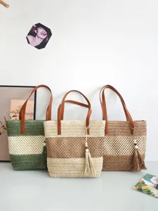 Mode Hohl Gewebt Strohtasche Große Kapazität Kontrastfarbe Strand Tote Tasche Mit Quaste Handgewebte Umhängetasche Damen