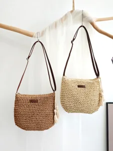 Sommer Strohgewebte Umhängetasche für Damen, handgemachte große Strandtasche Urlaub.