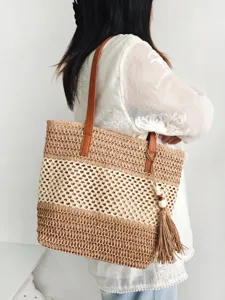Hohle Strohtasche Umhaengetasche modische Fareblock Grosse Kapazitaet Strand Handtasche