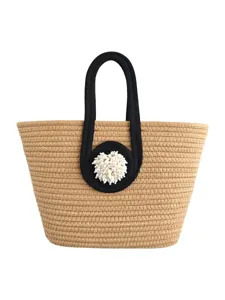 Geflochtene Strohtasche für Damen, große Strandtasche Handtasche mit Perlendekor schwarzen Henkeln
