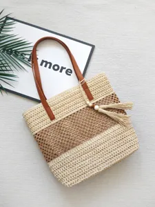 Gewebte Stroh-Tasche, lässige Color-Block Strandhandtasche mit Ledergriffen und Quasten.