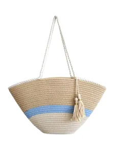 Sommer Strand gewebte Tasche, große Kapazität Schultertasche mit blauem Streifen Quasten.