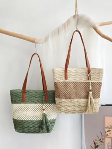 Modische hohle Stroh-Shopper Tasche, farbblockierende große gewebte Strand-Umhängetasche für Damen.