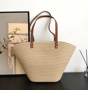 Geflochtene Baumwollseil Shopper Schultertasche, stilvolle Strand Urlaubs Strohtasche.