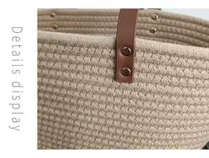 Baumwollseil geflochtene Tasche Detailansicht, braune Ledergriffe und stabile Nieten.