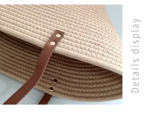 Nahaufnahme der Detailansicht des Griffs und der Textur der Baumwollseil-Strandtasche.