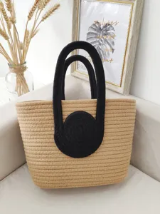 Baumwollseil gewebte Tragetasche, große Strand Handtasche mit stilvollem Kontrastfarben-Design.